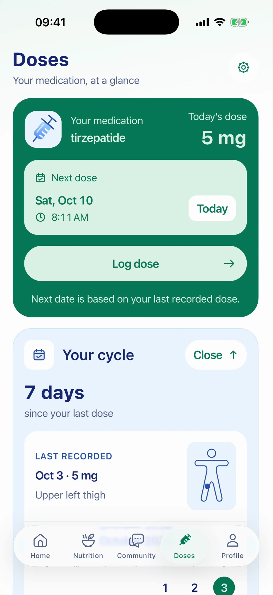 Glempy Doses screen with a fictional schedule