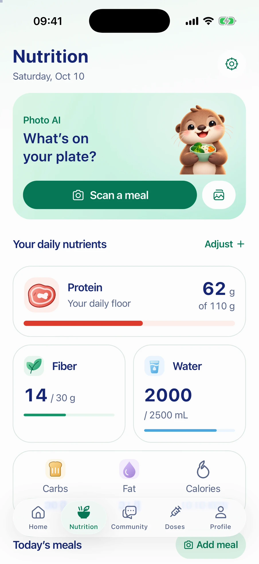 Glempy Nutrition screen with sample protein, fiber and water